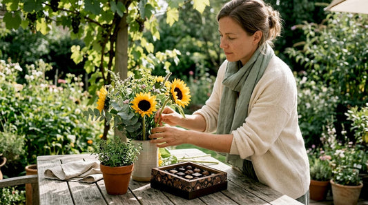 Woman arranging flowers beside gift on table