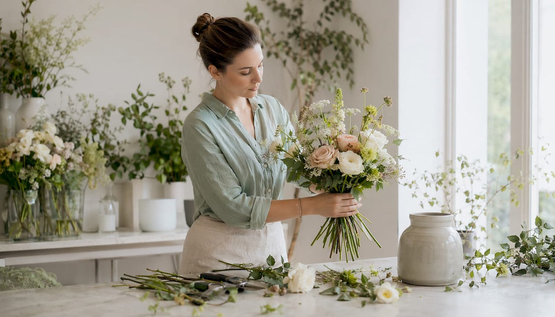 Florist arranging a layered flower bouquet