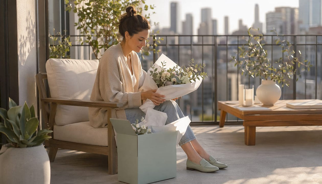 Woman receiving fresh floral subscription box indoors