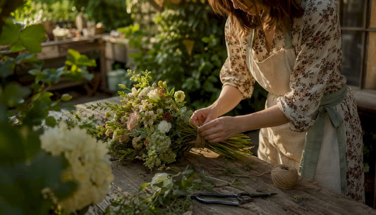 Florist arranging handcrafted bouquet in workshop