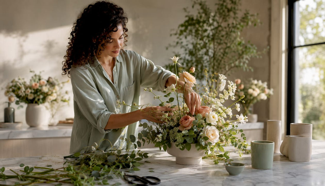 Floral designer arranging textured flower bouquet