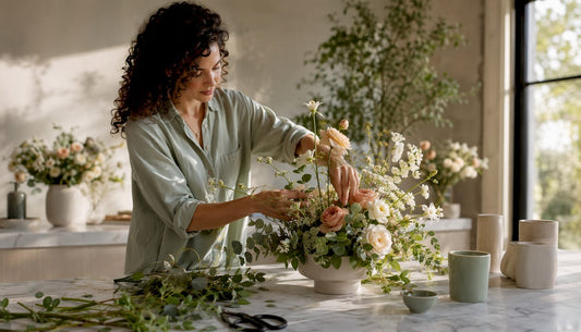 Floral designer arranging textured flower bouquet