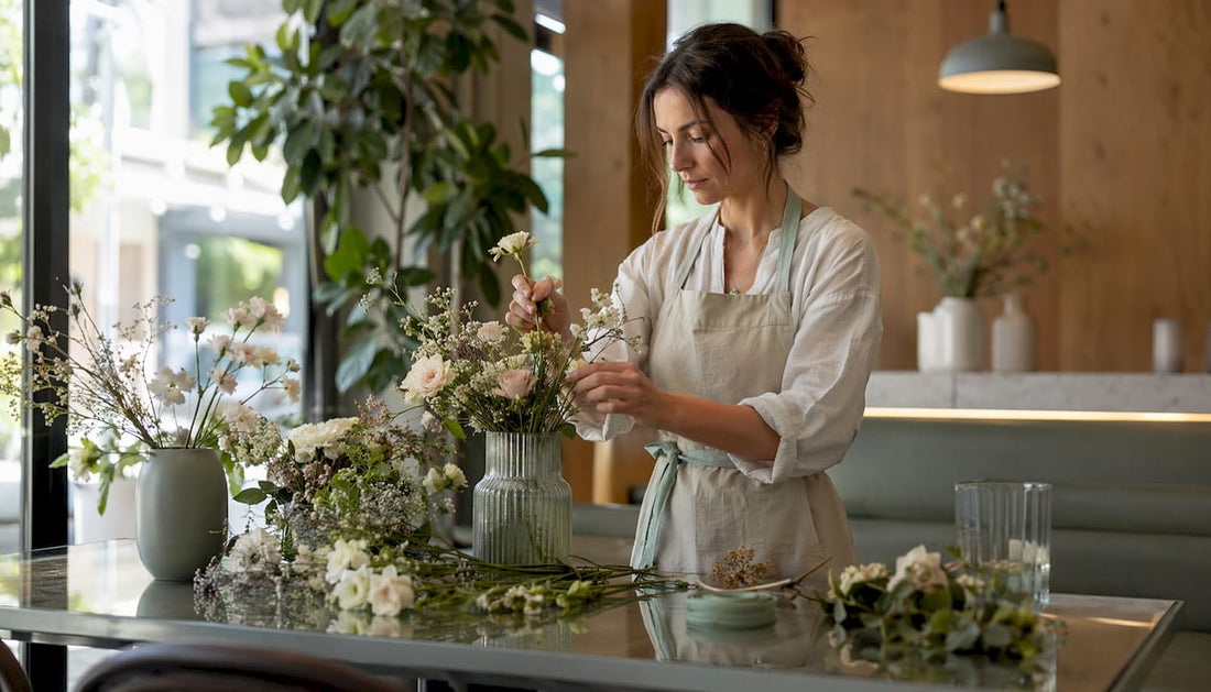 Florist arranging flower centerpiece in bright studio