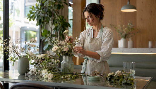 Florist arranging flower centerpiece in bright studio