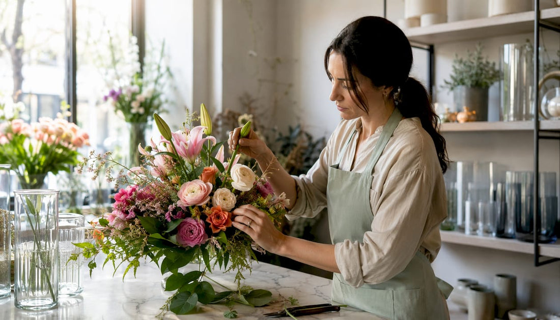 Florist arranging fresh bouquet in flower shop