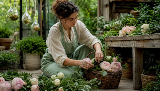 Floral artist arranging designer flower hamper in studio