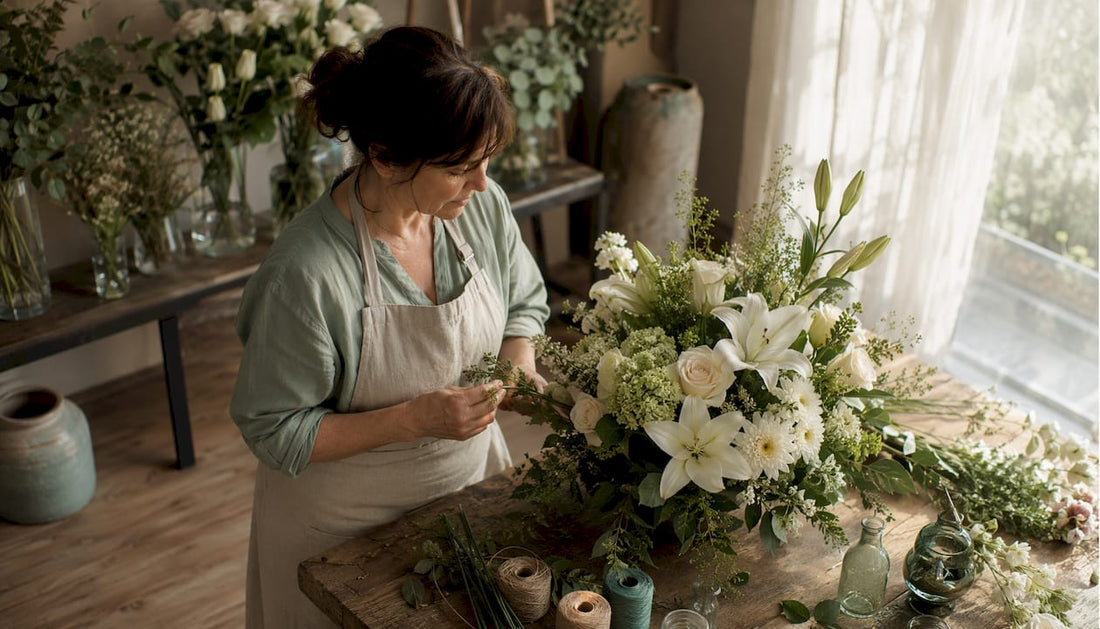 Florist arranging sympathy flowers in workshop