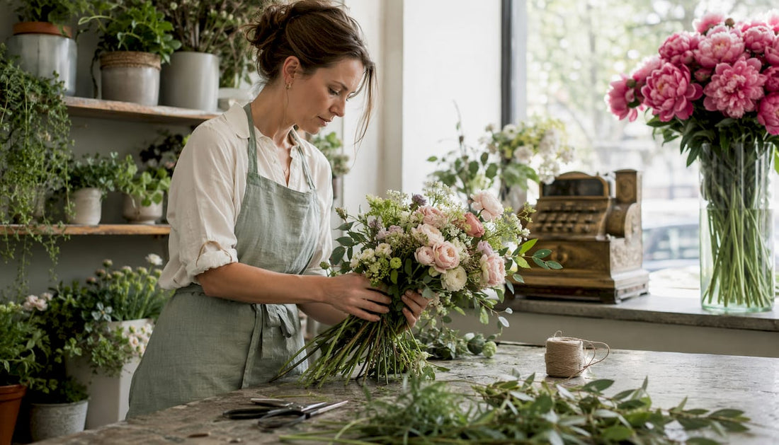 Florist arranging luxury bouquet indoors