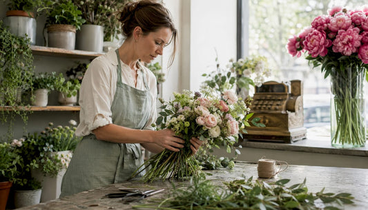 Florist arranging luxury bouquet indoors