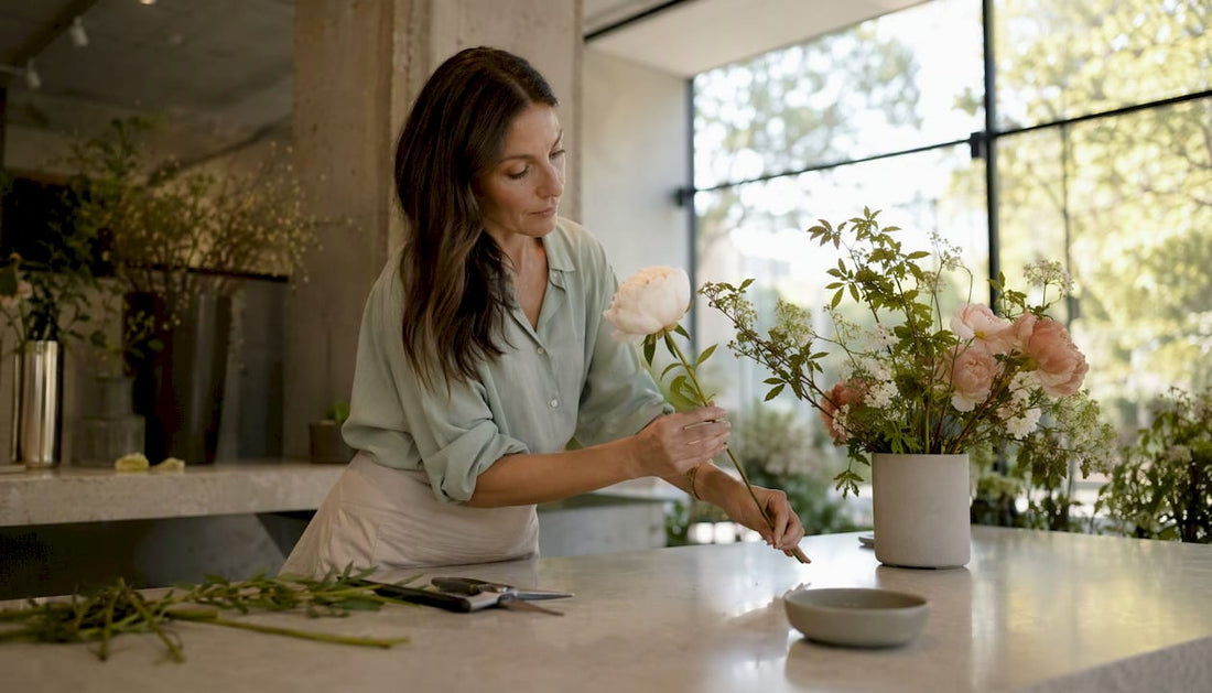 Florist arranging minimalist bouquet in studio