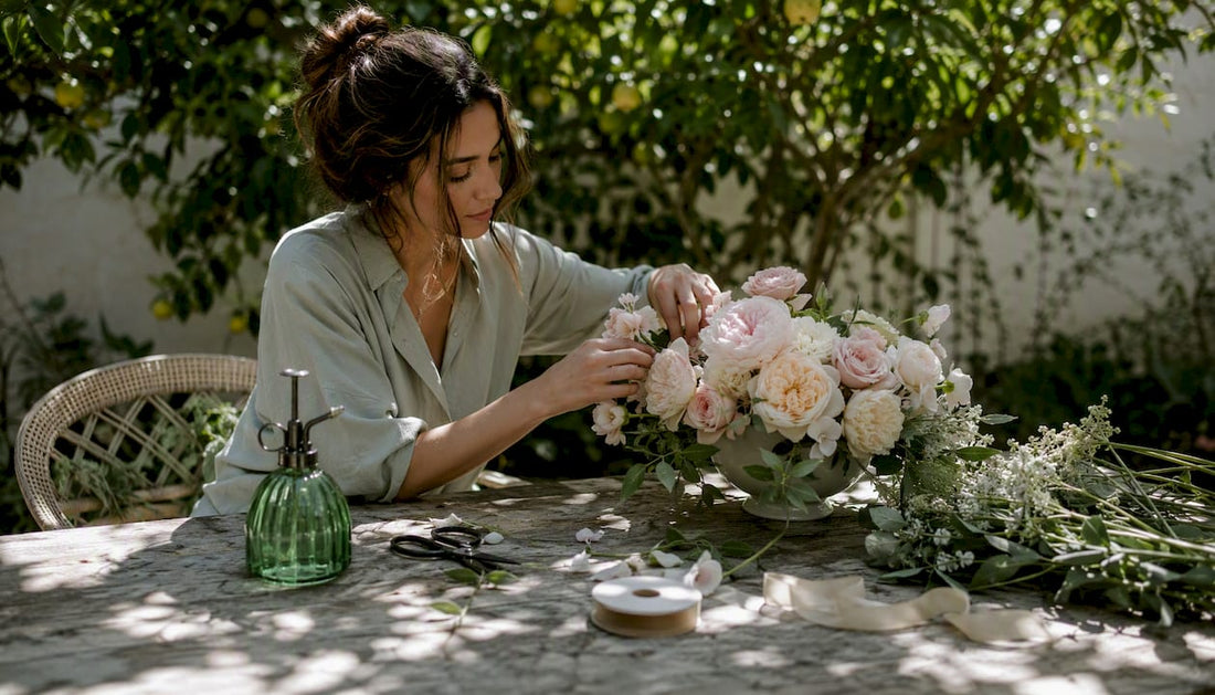 Woman arranging pastel wedding bouquet