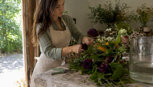 Floral designer arranging curated bouquet indoors