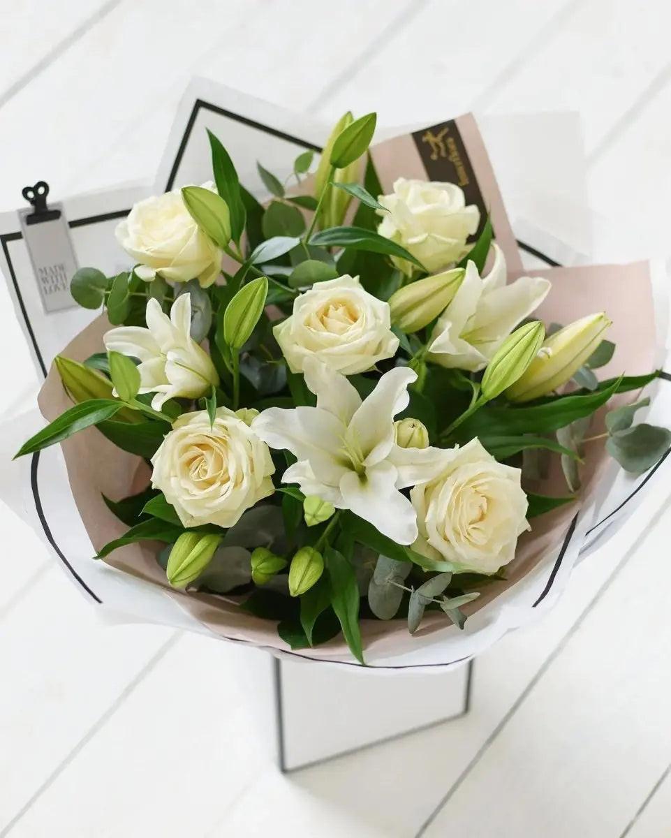 Beautifully Simple White Rose & Lily Bouquet - By Blume Flowers