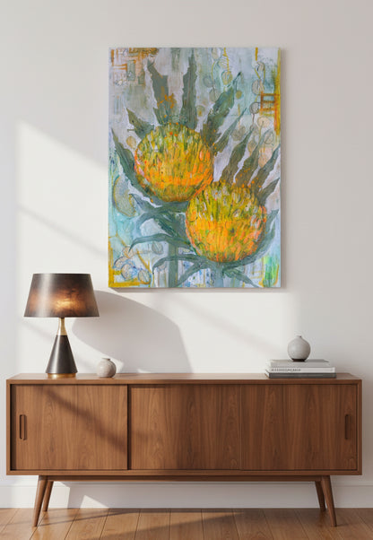 Wooden sideboard with a lamp and decorative items, featuring a colorful abstract painting of flowers above.