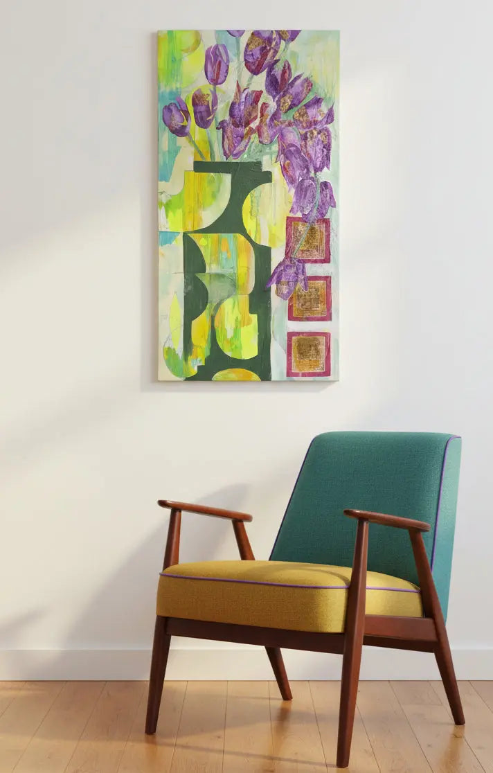 Colorful abstract art with purple flowers and geometric shapes on a green background